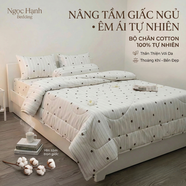  Bộ Chăn Ga Gối Cotton Họa Tiết Trái Tim Đen Nền Trắng nệm 20cm trở xuống - Ngọc Hạnh Bedding 