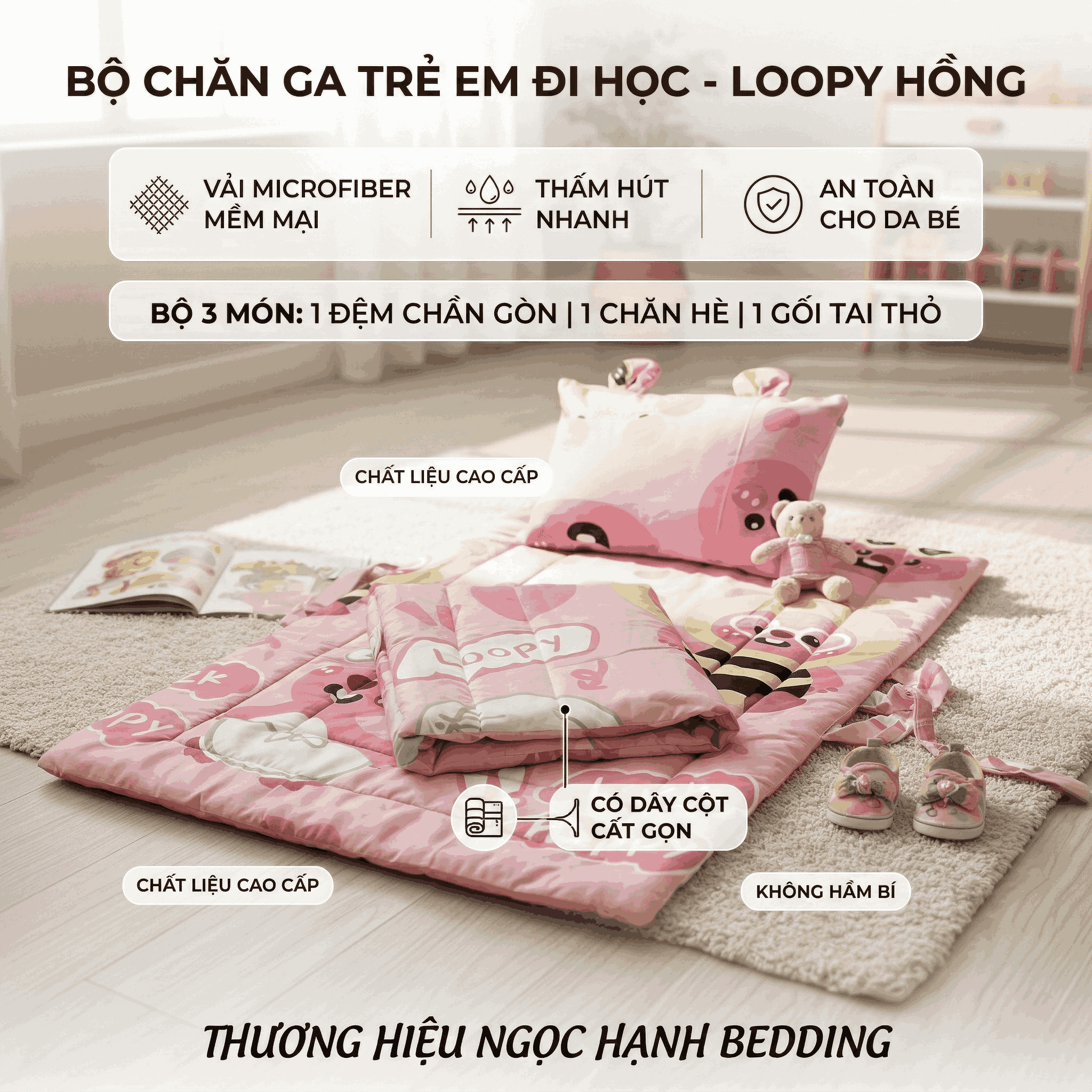  Bộ chăn ga gối cho bé đi học Phi lụa Microfiber thấm hút nhanh, mềm mại, thoáng khí - Ngọc Hạnh Bedding 