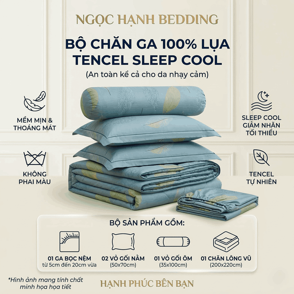  Bộ Chăn Ga Gối Lụa Tencel 40s SLeep Cool mát lạnh, mềm mịn nệm 5 10 15 20cm họa tiết LÁ VÀNG NỀN XANH - Ngọc Hạnh Bedding 