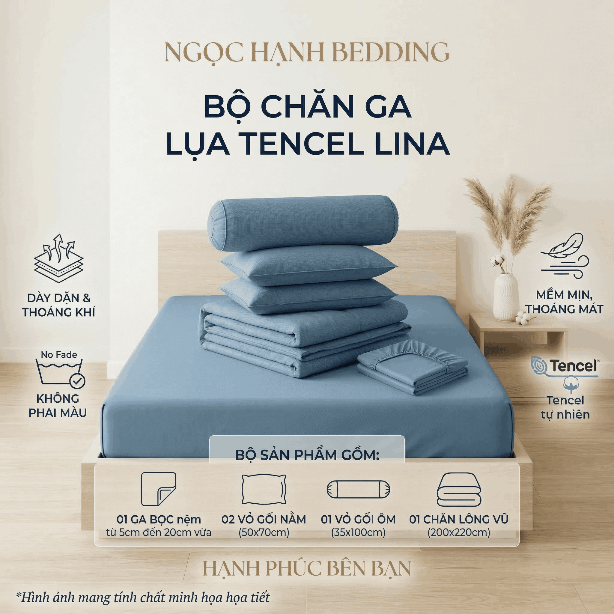  Bộ Chăn Ga Gối Lụa Tencel Lina Cao Cấp màu xanh LINA15 nệm 20cm trở xuống - Ngọc Hạnh Bedding 