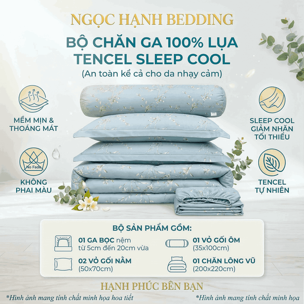  Bộ Chăn Ga Gối Lụa Tencel 40s SLeep Cool mát lạnh, mềm mịn nệm 5 10 15 20cm họa tiết HOA NHÍ NỀN XANH NHẠT - Ngọc Hạnh Bedding 