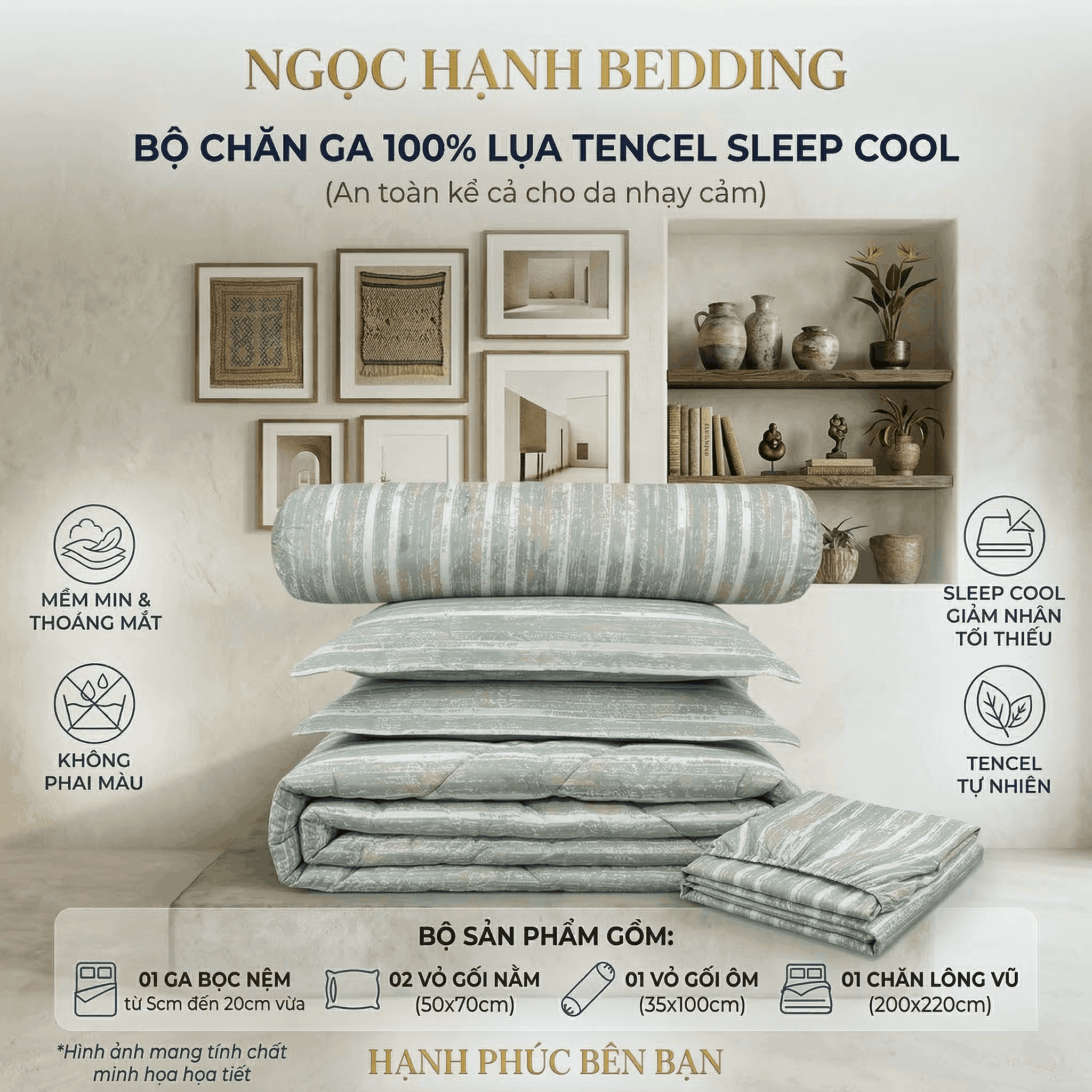  Bộ Chăn Ga Gối Lụa Tencel 40s SLeep Cool mát lạnh, mềm mịn nệm 5 10 15 20cm họa tiết SỌC XANH RÊU - Ngọc Hạnh Bedding 