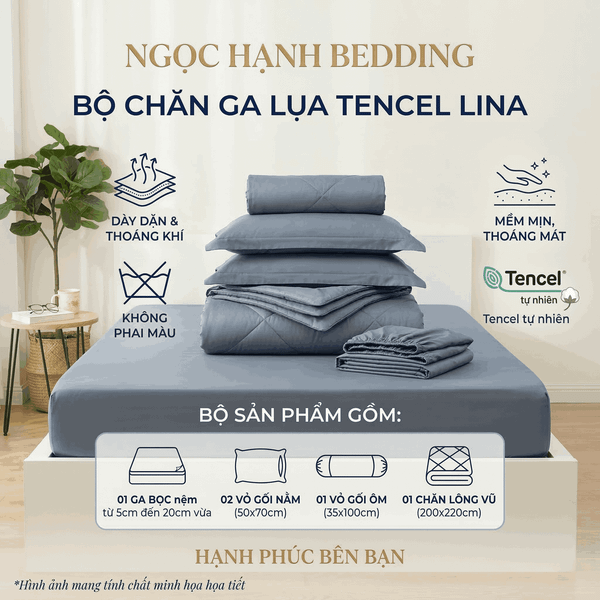  Bộ Chăn Ga Gối Lụa Tencel Lina Cao Cấp màu xanh đen đá nệm 20cm trở xuống - Ngọc Hạnh Bedding 