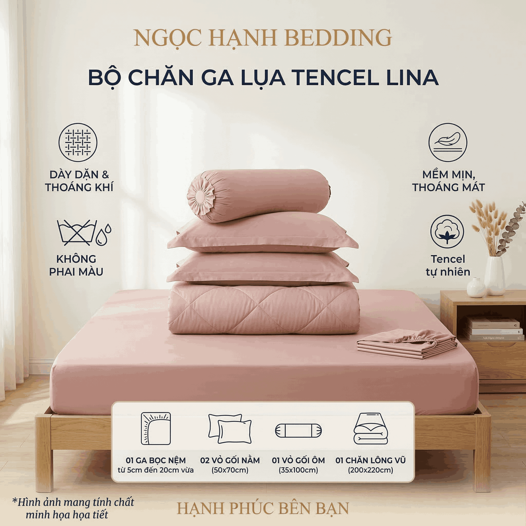  Bộ Chăn Ga Gối Lụa Tencel Lina Cao Cấp màu cam đào nệm 20cm trở xuống - Ngọc Hạnh Bedding 