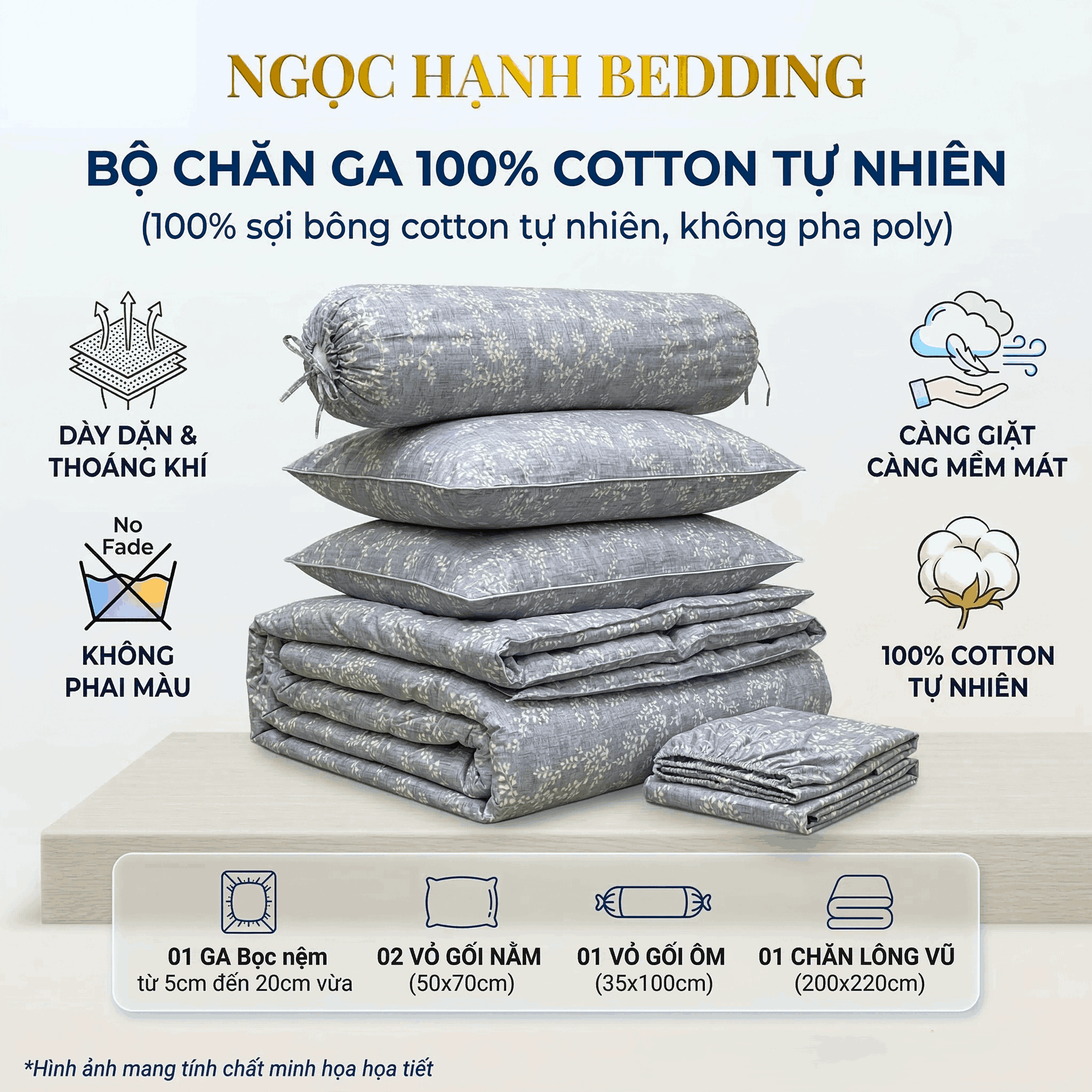  Bộ Chăn Ga Gối Cotton Họa Tiết Bông Nền Xám nệm 20cm trở xuống - Ngọc Hạnh Bedding 