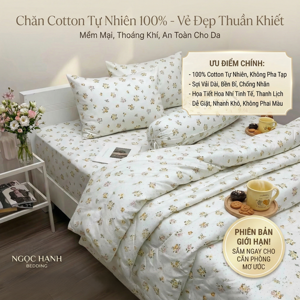  Bộ Chăn Ga Gối Cotton Họa Tiết Bông Nền kem nệm 20cm trở xuống - Ngọc Hạnh Bedding 