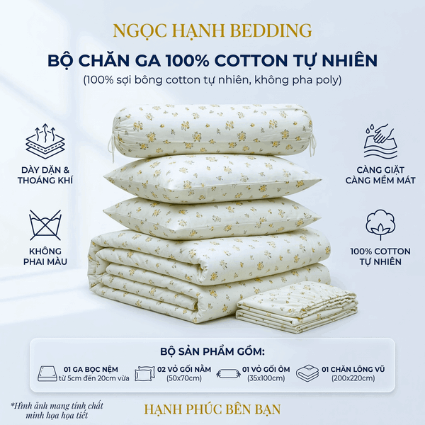  Bộ Chăn Ga Gối Cotton Họa Tiết Bông Nền kem nệm 20cm trở xuống - Ngọc Hạnh Bedding 
