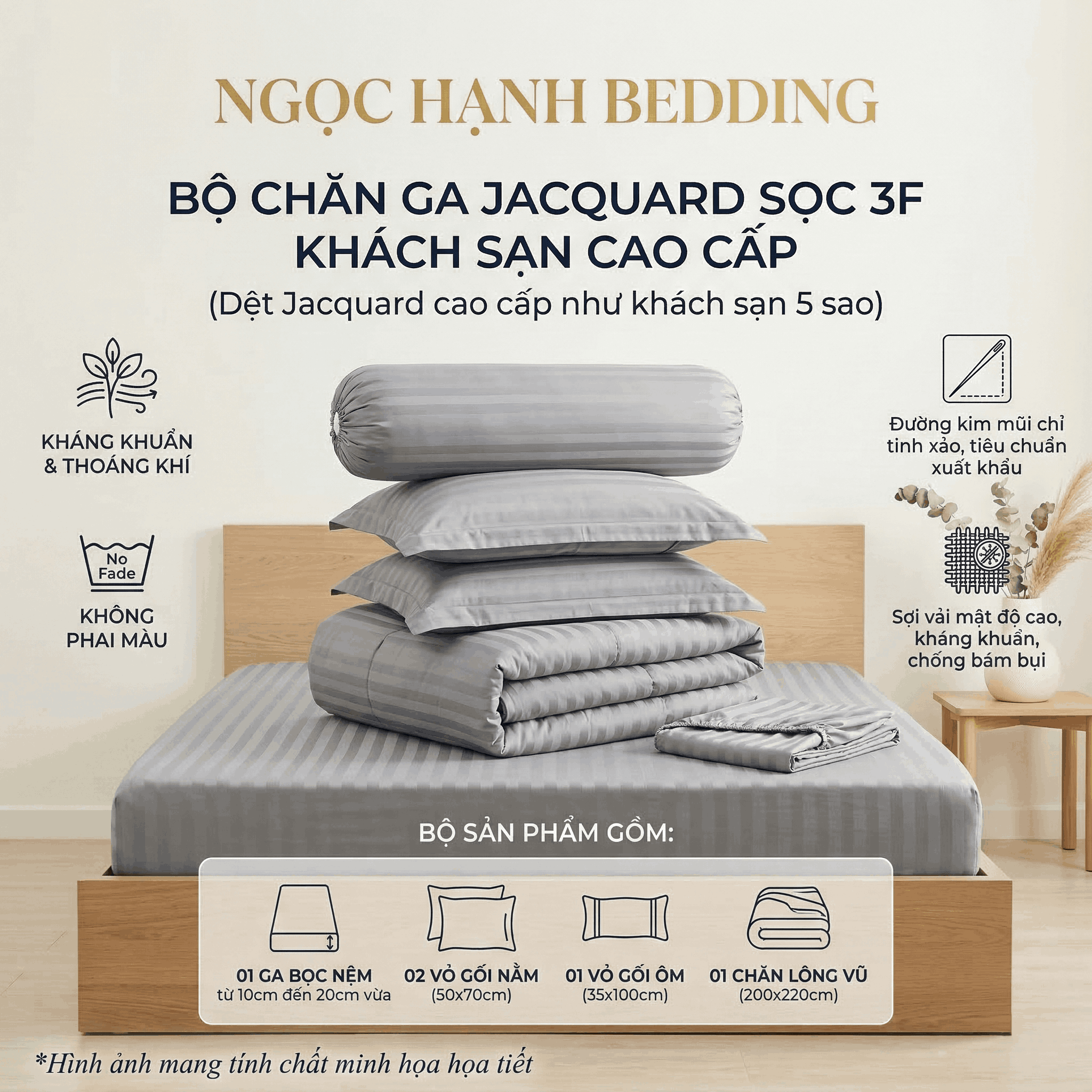  Bộ Ga Gối JACQUARD KHÁCH SẠN SỌC Mềm Mịn, Thoáng Khí, An Toàn Cho Da, dành cho nệm 5cm 10cm 15cm 20cm  -  Ngọc Hạnh Bedding 