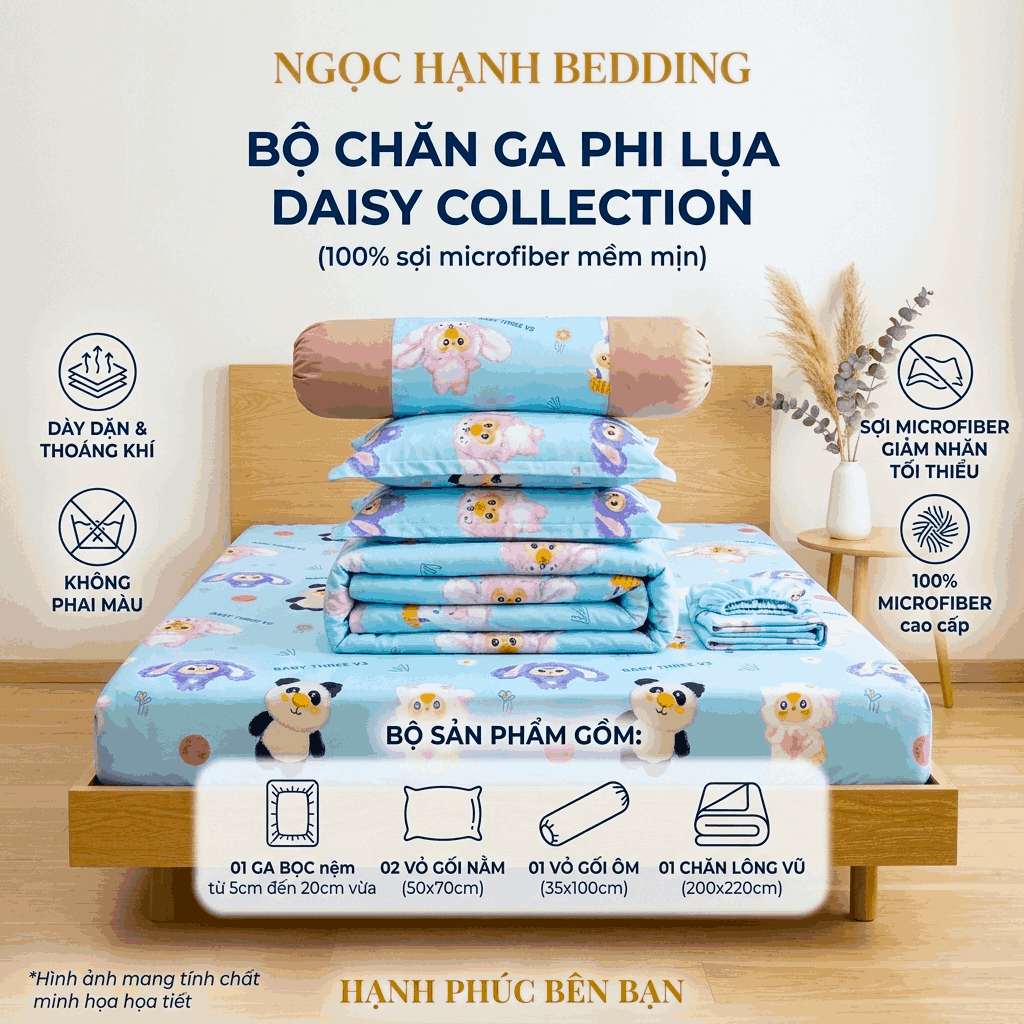 Bộ Ga Gối Phi Lụa Tencel Daisy thoáng mát, mềm mịn, nệm 5cm 10cm 15cm 20cm -  Ngọc Hạnh Bedding 