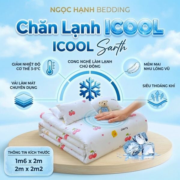  Chăn Lạnh ICOOL Cherry hồng nền trắng  - Mát lạnh mùa hè - NGỌC HẠNH ICOOL 