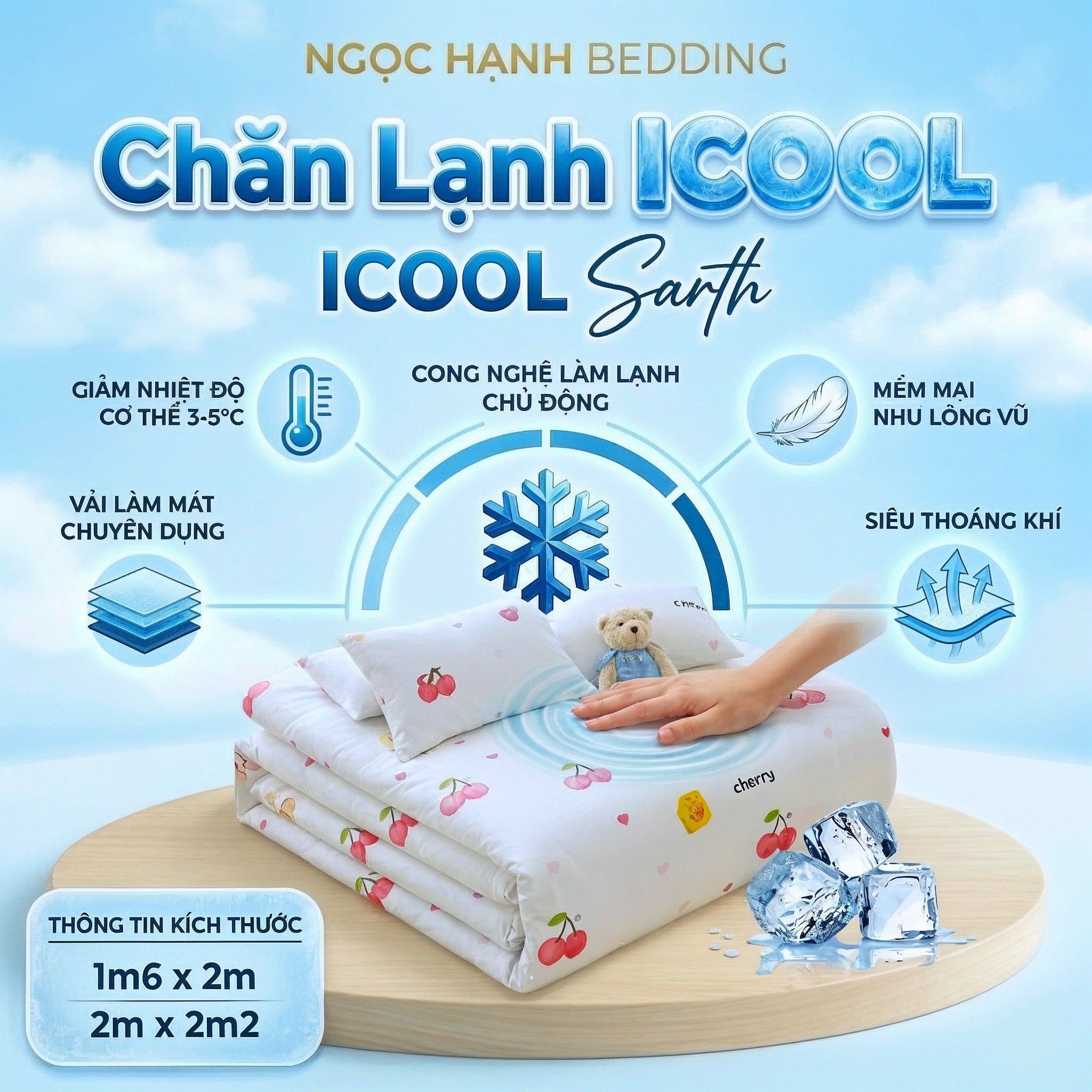  Chăn Lạnh ICOOL Cherry hồng nền trắng  - Mát lạnh mùa hè - NGỌC HẠNH ICOOL 