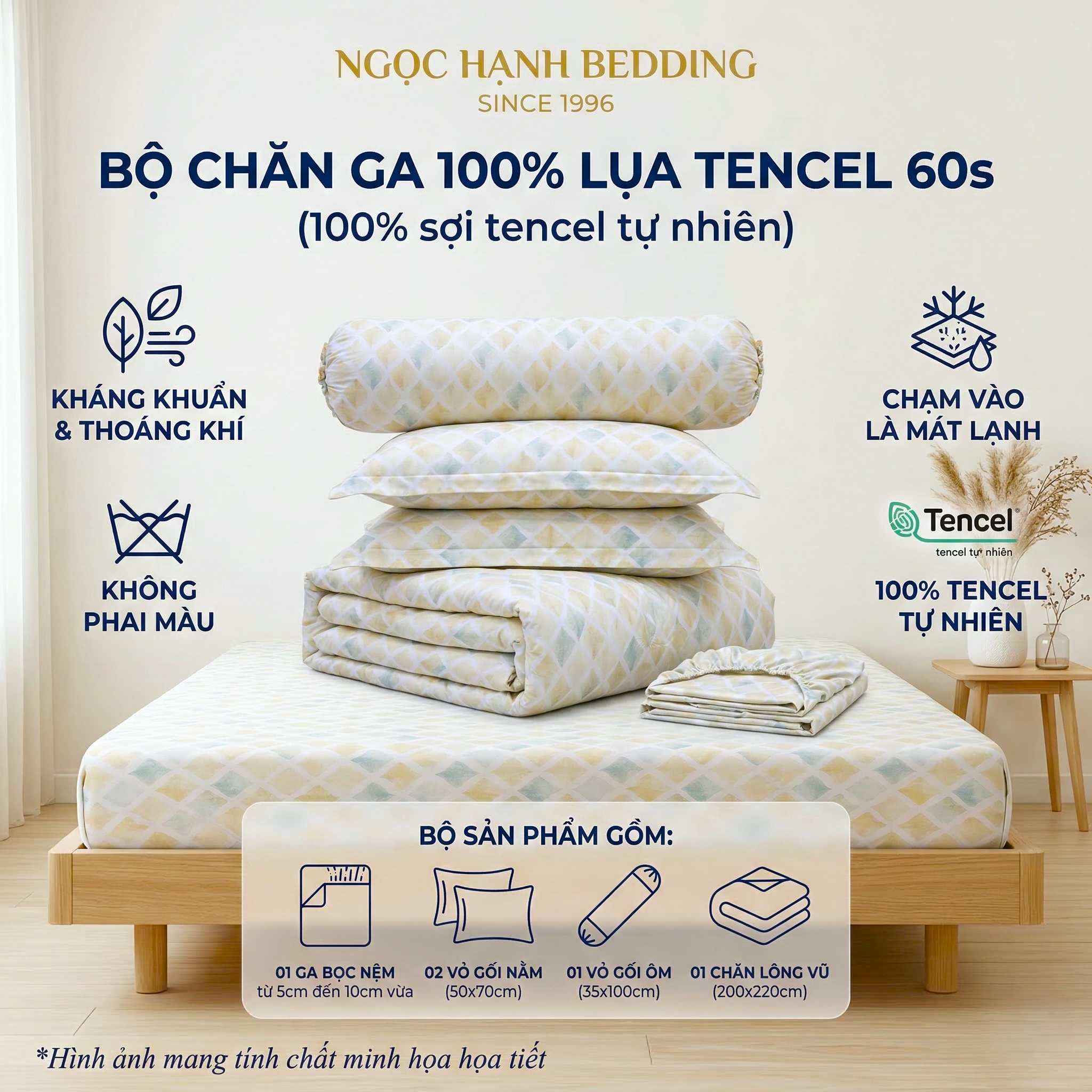  Bộ chăn ga gối LỤA TENCEL 60S họa tiết vân quạt vàng mát lạnh, thoáng khí nệm 5 10 15 20cm - NGỌC HẠNH BEDDING 