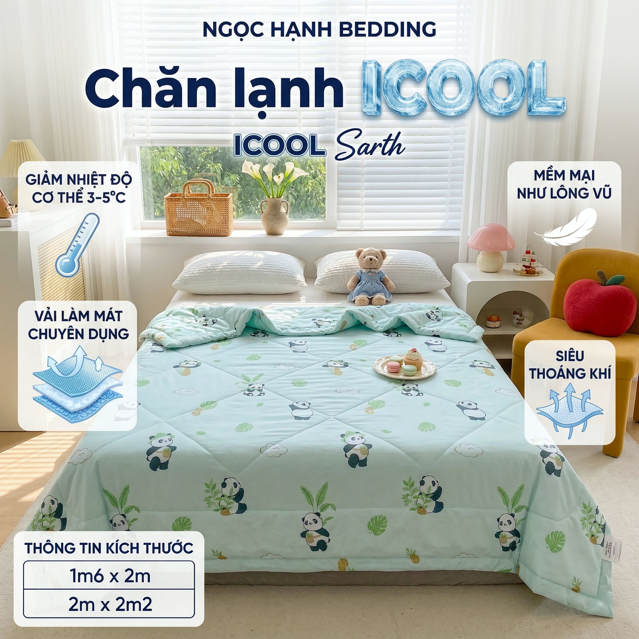  Chăn Lạnh ICOOL Gấu trúc nền xanh nhạt - Mát lạnh mùa hè - NGỌC HẠNH ICOOL 