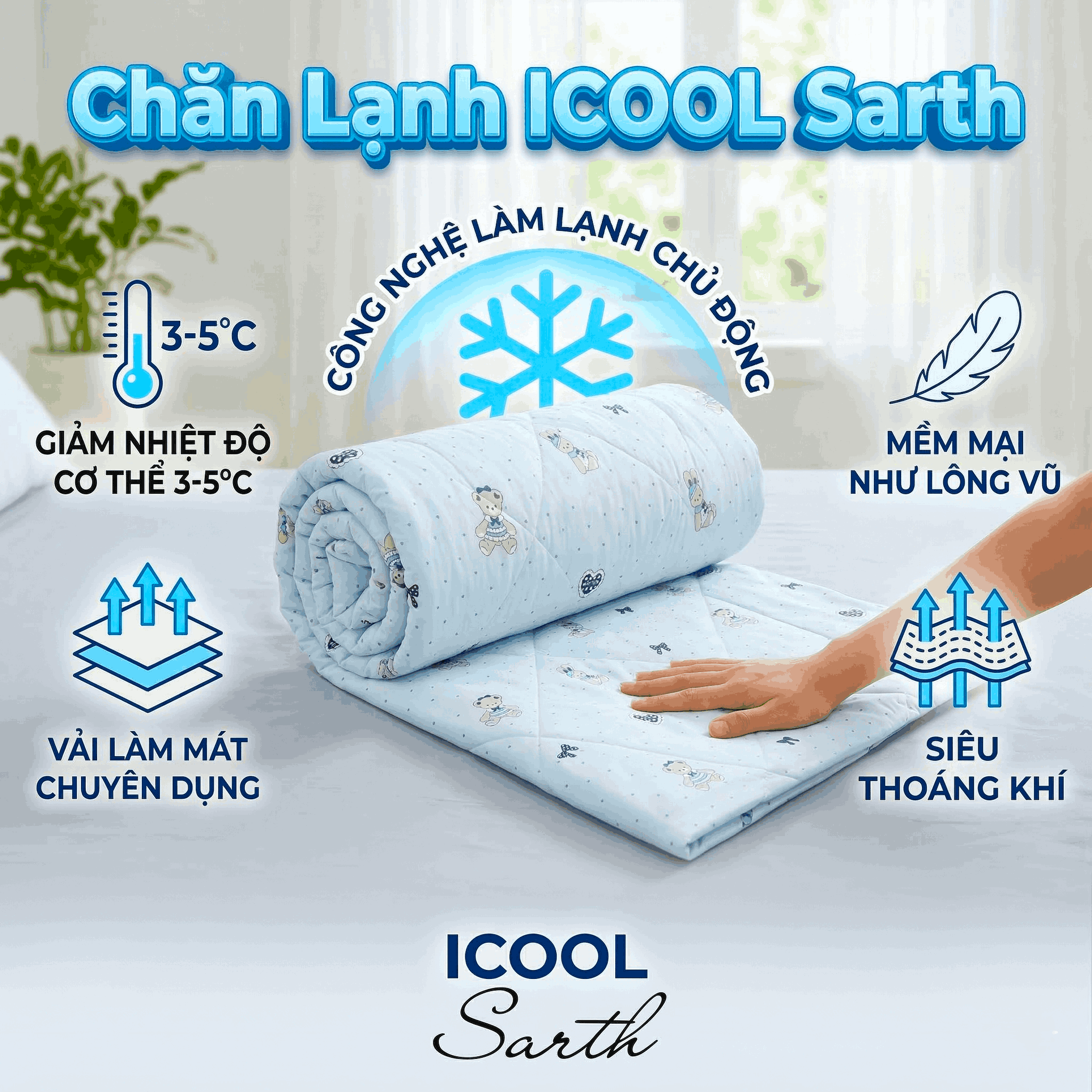  Chăn Lạnh ICOOL GẤU TYM NỀN XANH NHẠT mềm mại, mát lạnh, thoáng khí - NGỌC HẠNH BEDDING 