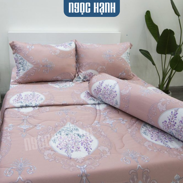 Bộ drap giường tencel lụa bông hồng phấn - Drap giường Tencel cao cấp