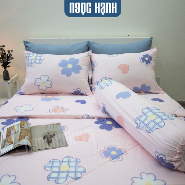 BỘ CHĂN GA GỐI COTTON HOA 4 LÁ HỒNG - NGỌC HẠNH BEDDING