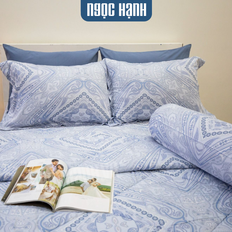  Bộ Drap Giường Tencel Lụa Hoa Văn Xanh Dương - Ngọc Hạnh Bedding 