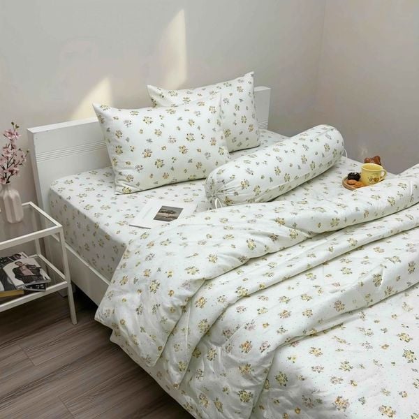  Bộ Chăn Ga Gối Cotton Họa Tiết Bông Nền kem nệm 20cm trở xuống - Ngọc Hạnh Bedding 