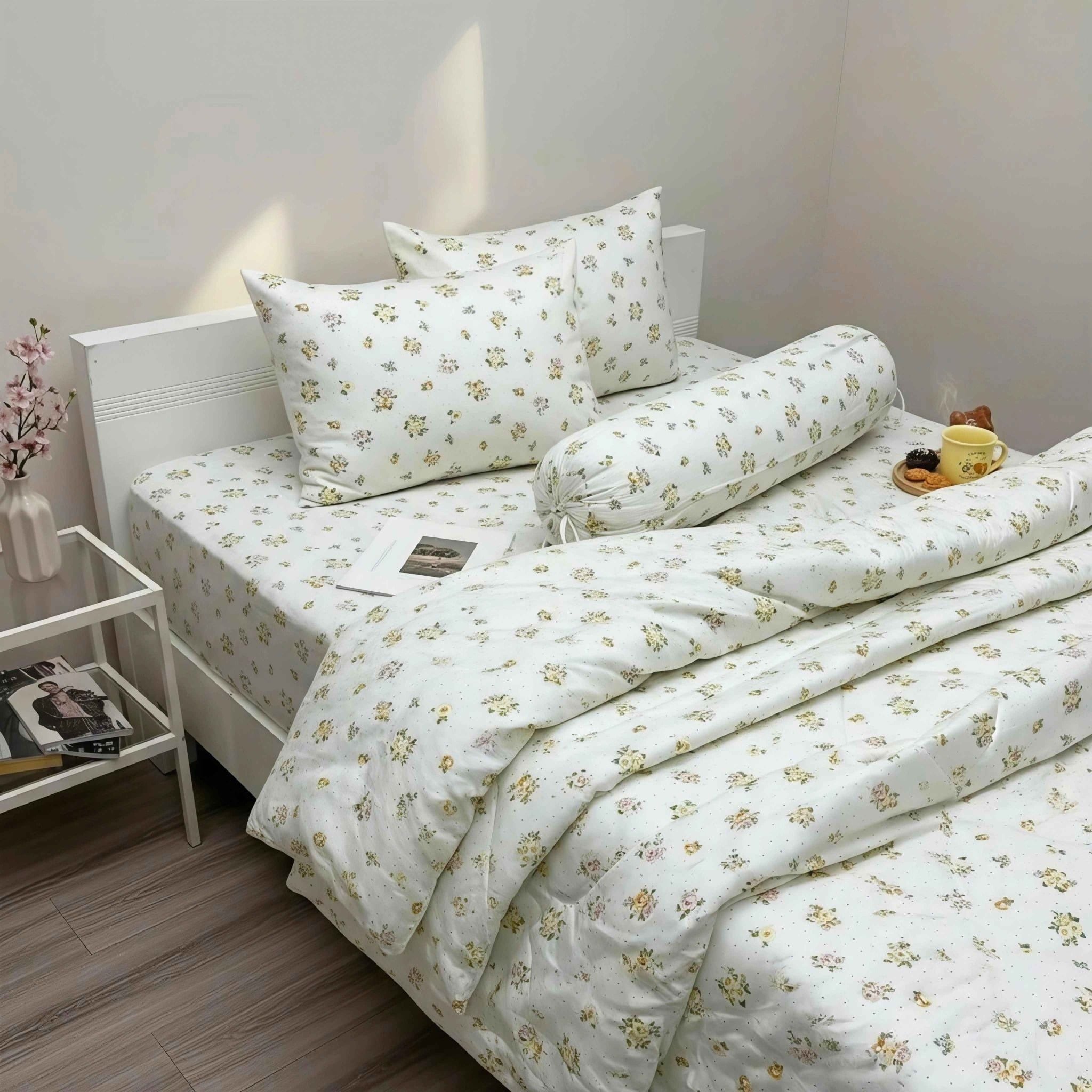  Bộ Chăn Ga Gối Cotton Họa Tiết Bông Nền Xám nệm 20cm trở xuống - Ngọc Hạnh Bedding 