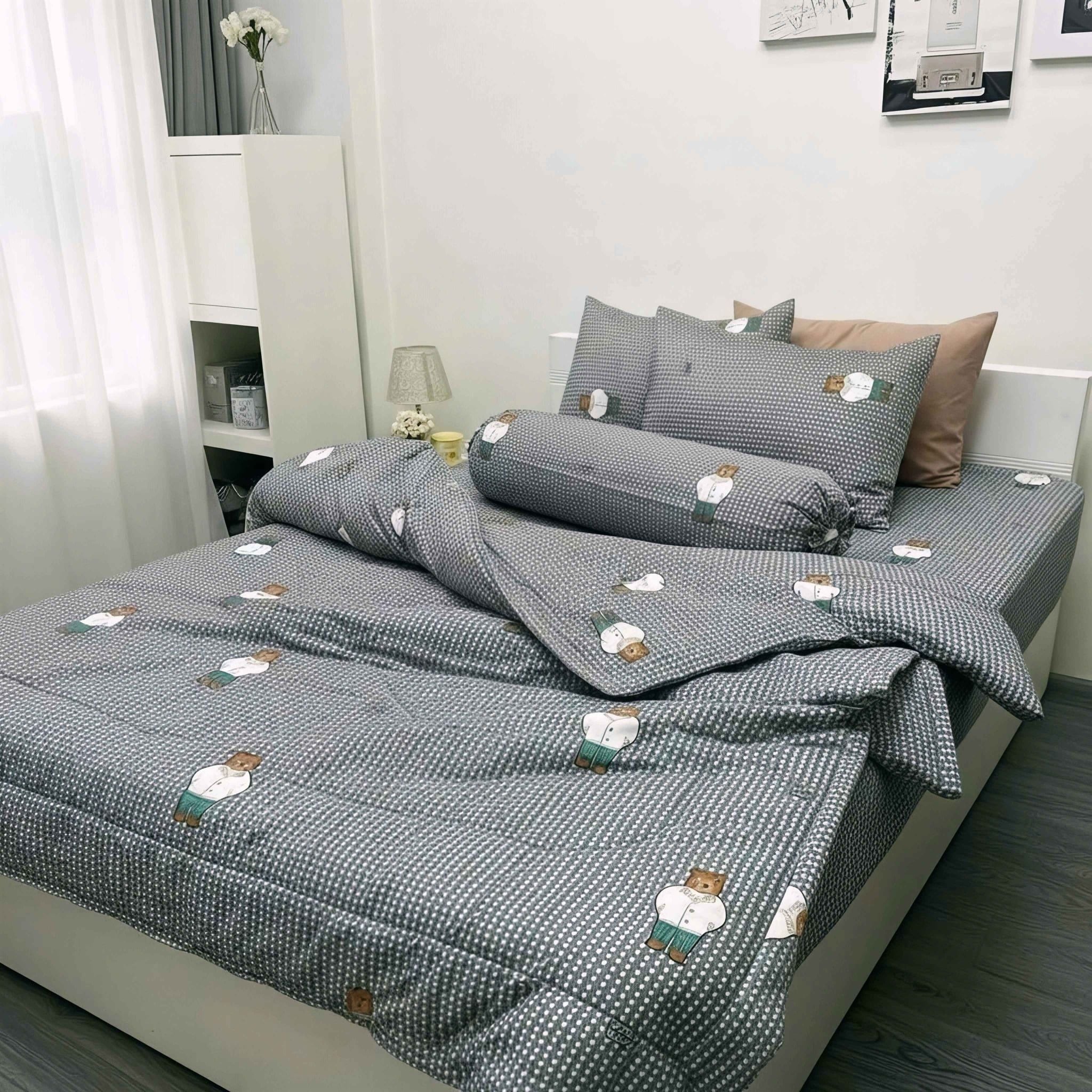 Bộ Chăn Ga Gối Cotton Họa Tiết Trái Tim Đen Nền Trắng nệm 20cm trở xuống - Ngọc Hạnh Bedding 