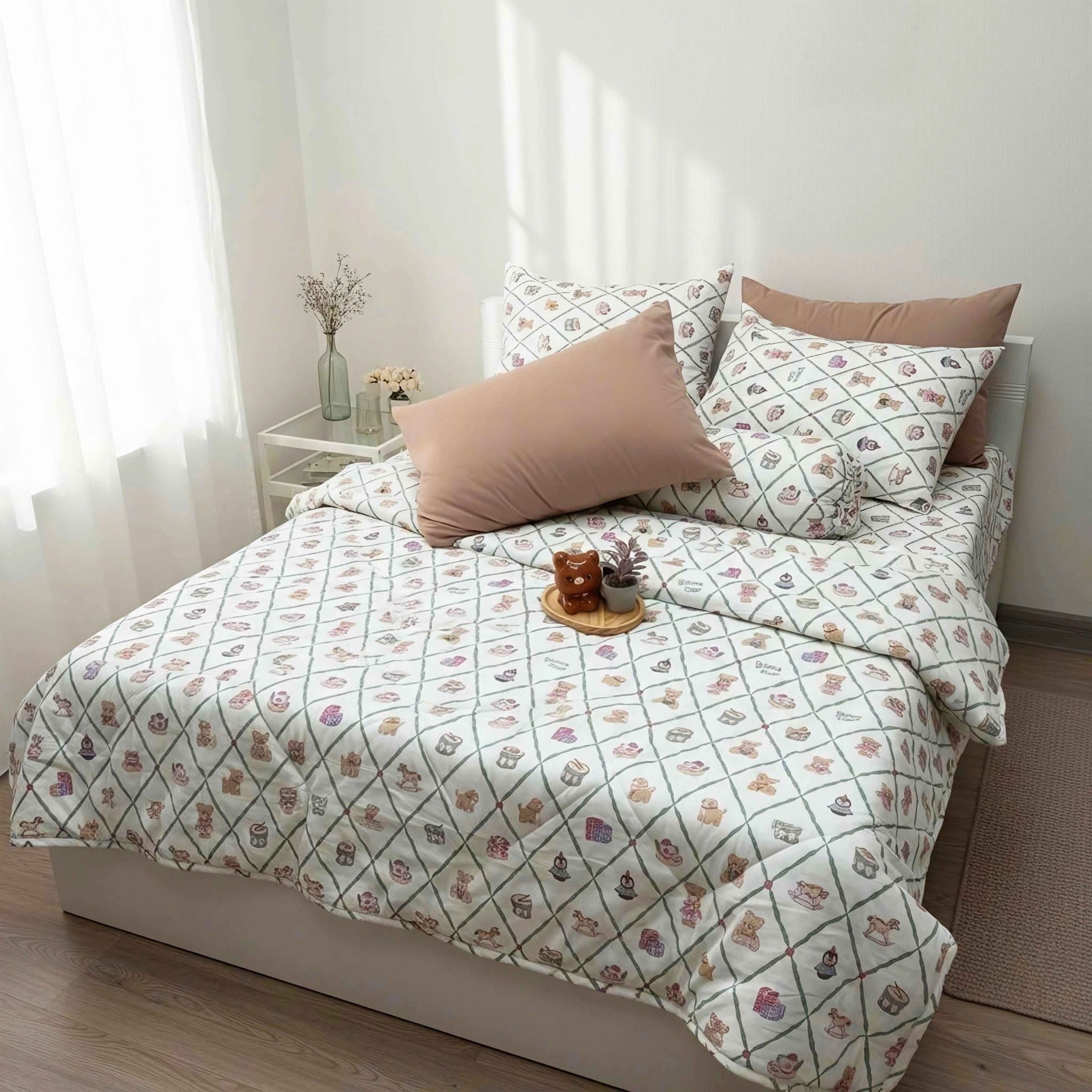  Bộ Chăn Ga Gối Cotton Họa Tiết Gấu Nâu Nền Xanh nệm 20cm trở xuống - Ngọc Hạnh Bedding 