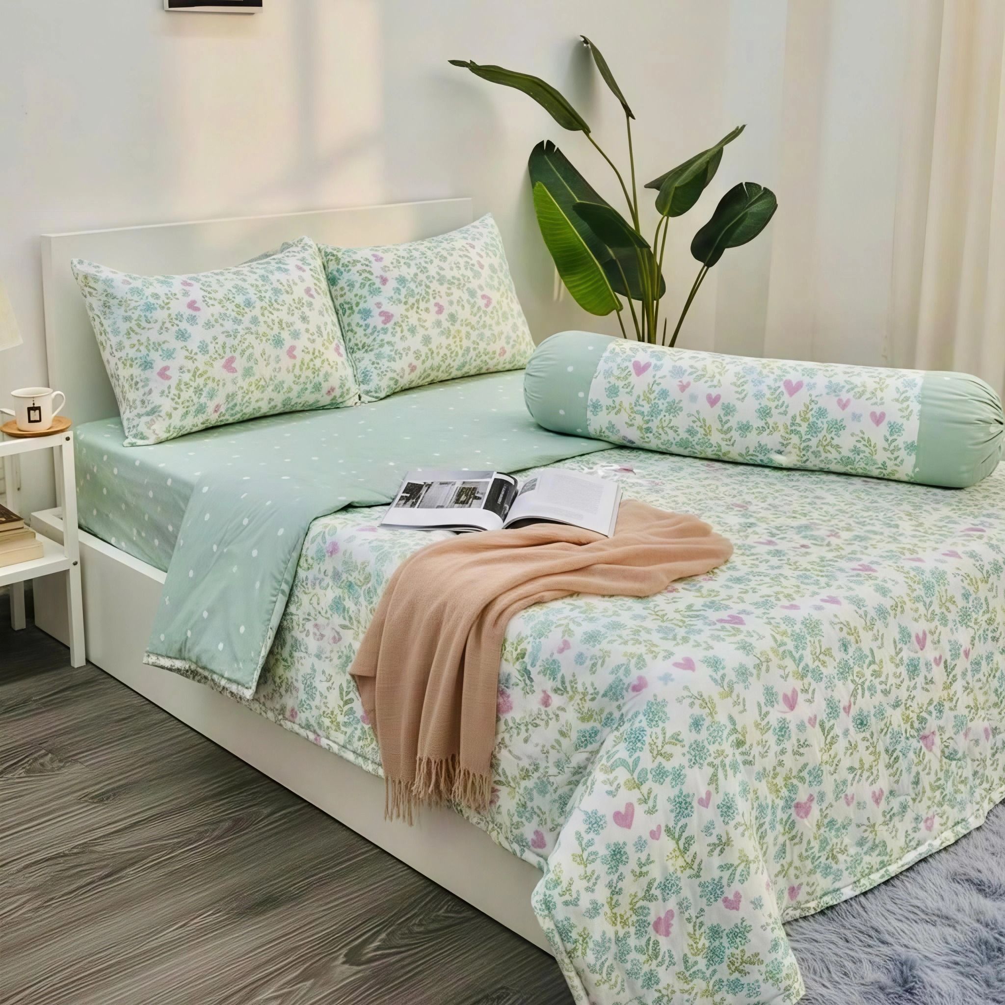  BỘ DRAP GIƯỜNG COTTON CM HOẠ TIẾT TRÁI TIM nệm 5cm 10cm 15cm 20cm - NGỌC HẠNH BEDDING 