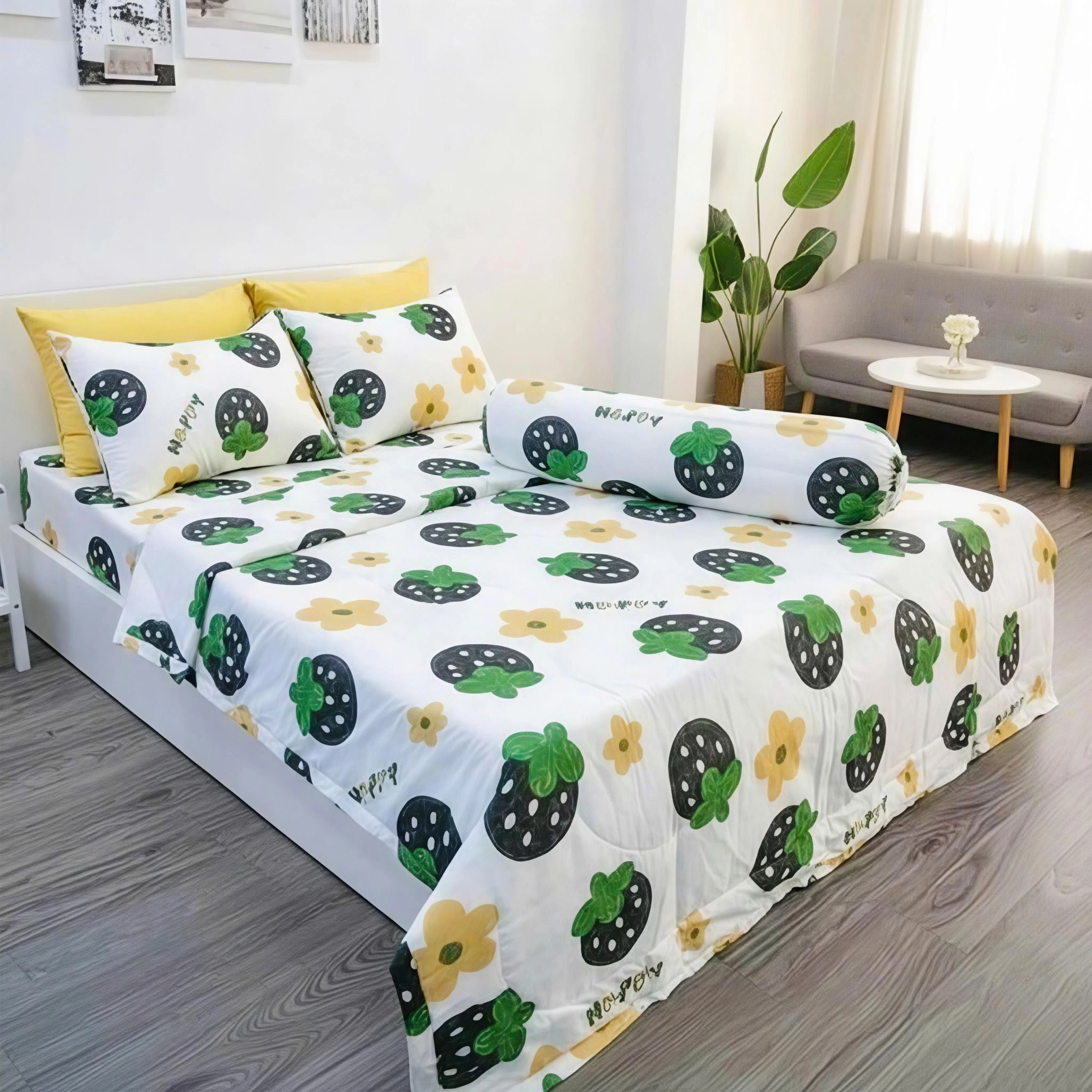  BỘ DRAP GIƯỜNG COTTON HOẠ TIẾT TRÁI DÂU XANH  nệm 5cm 10cm 15cm 20cm - DRAP GIƯỜNG NGỌC HẠNH 