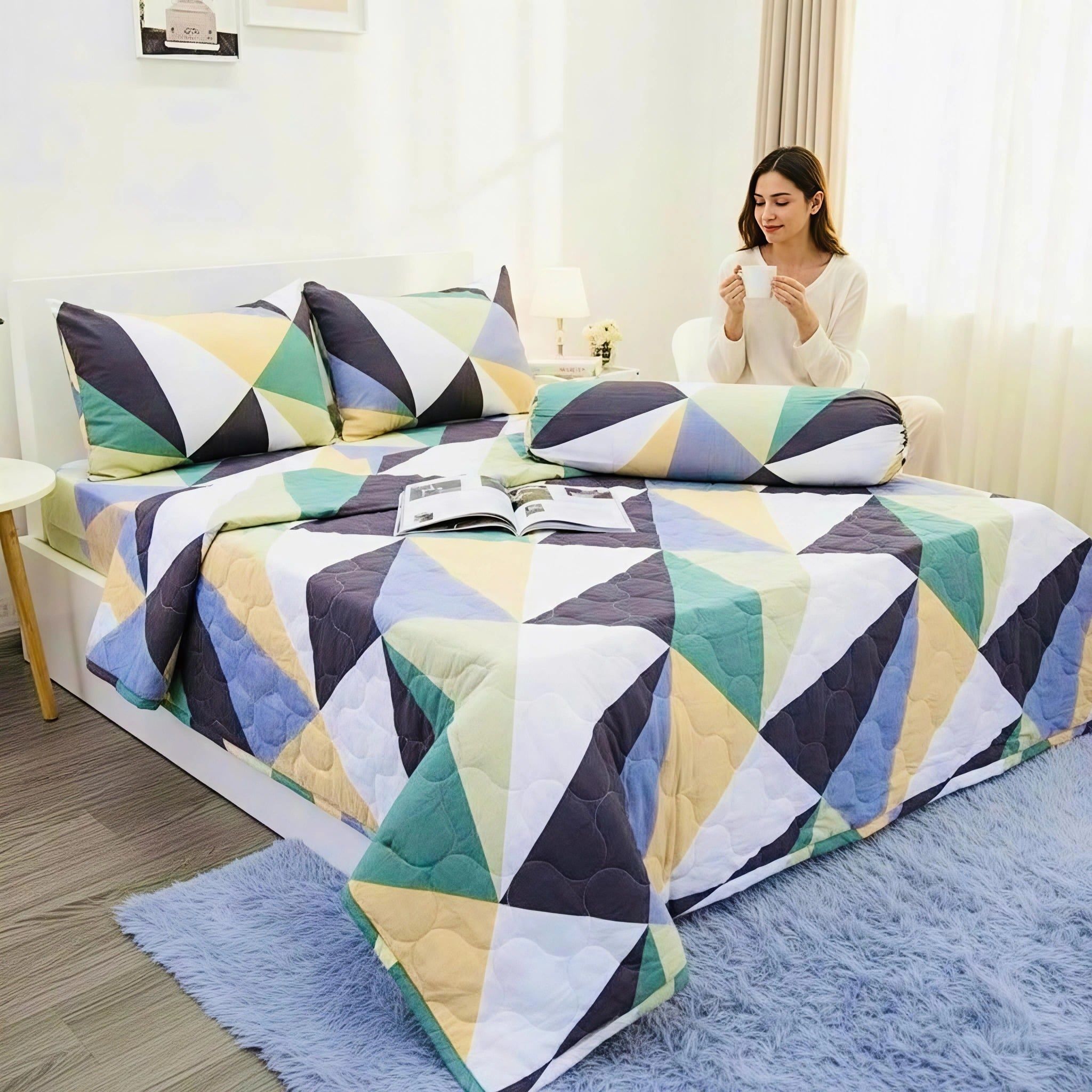  BỘ DRAP GIƯỜNG COTTON CM TAM GIÁC XANH LÁ nệm 5cm 10cm 15cm 20cm - NGỌC HẠNH BEDDING 