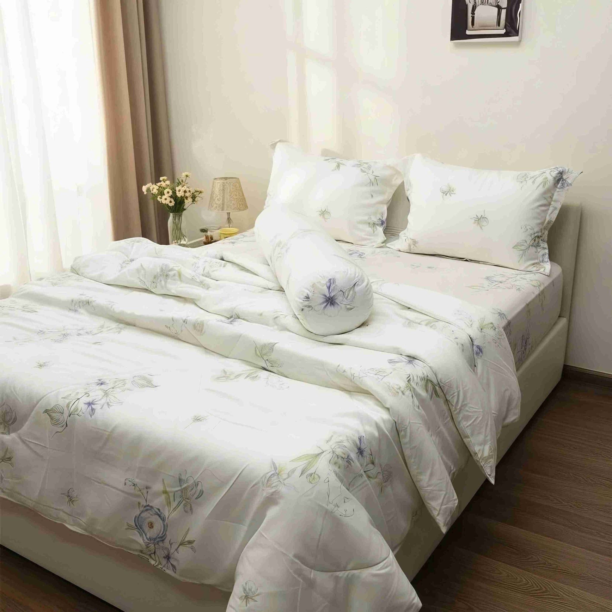  Bộ chăn ga gối LỤA TENCEL 60S mát lạnh mềm mịn, thoáng khí nệm 5 10 15 20cm - NGỌC HẠNH BEDDING 