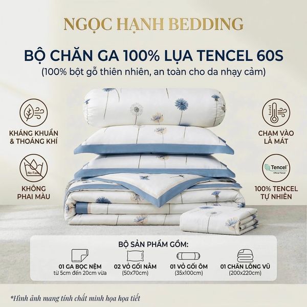 Bộ chăn ga gối LỤA TENCEL 60S mát lạnh, thoáng khí nệm 5 10 15 20cm - NGỌC HẠNH BEDDING 