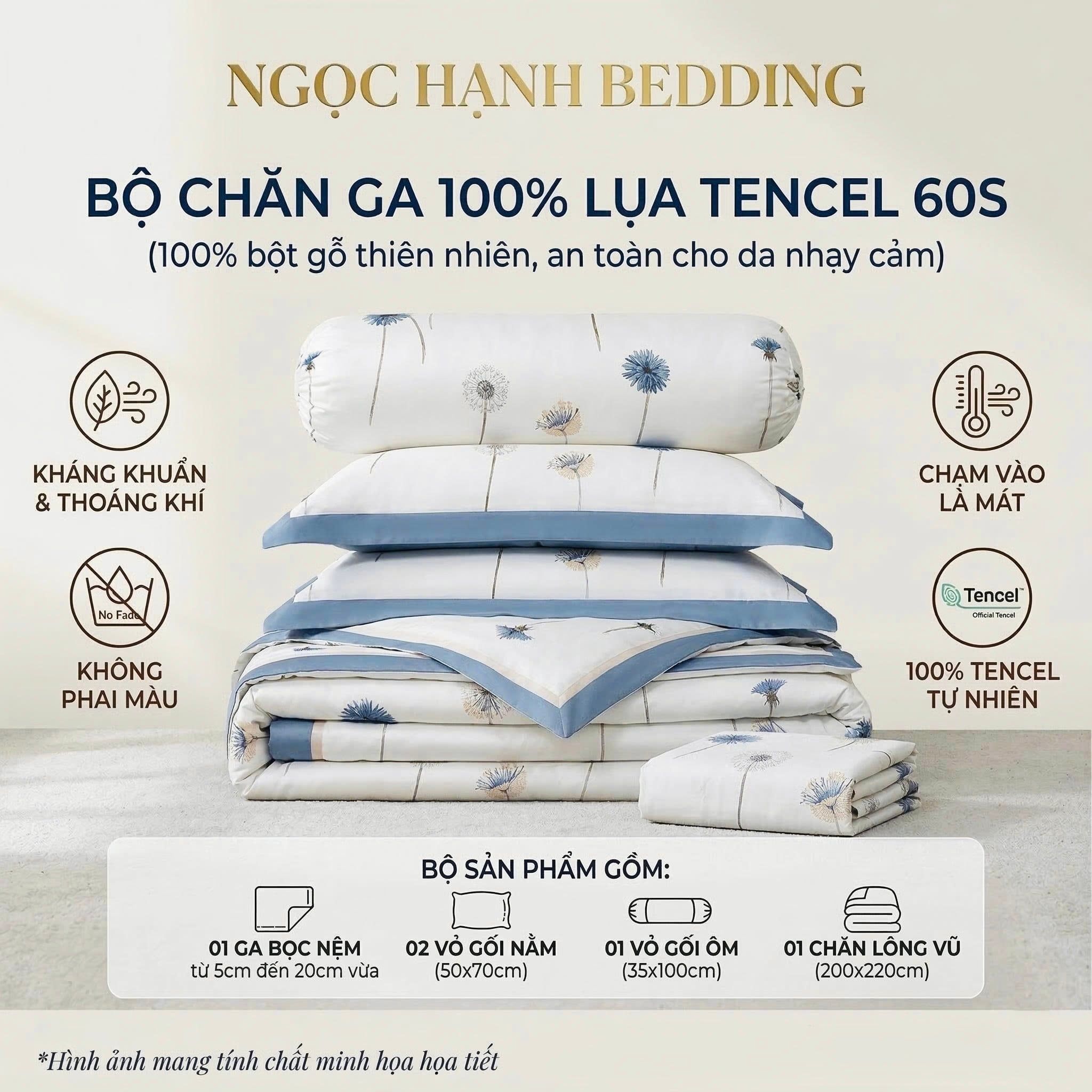  Bộ chăn ga gối LỤA TENCEL 60S mát lạnh, thoáng khí nệm 5 10 15 20cm - NGỌC HẠNH BEDDING 