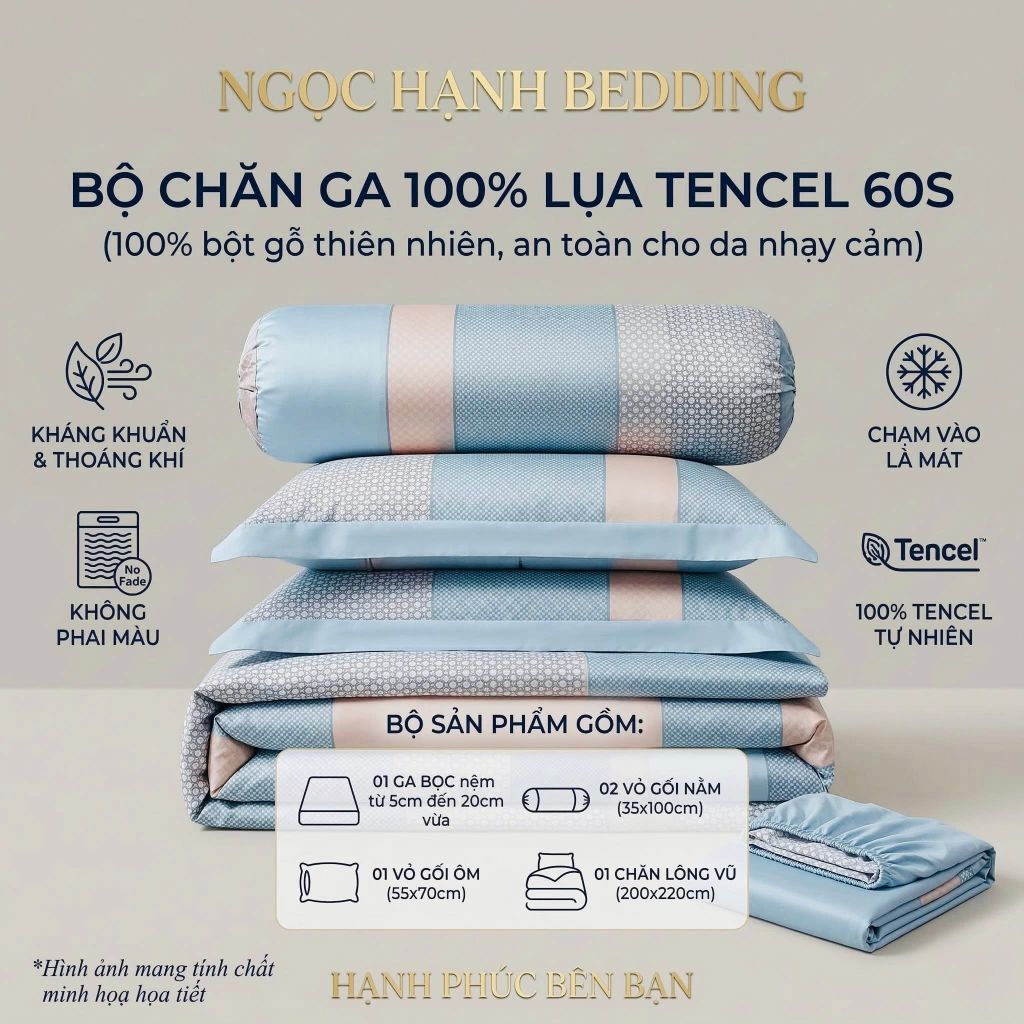  Bộ chăn ga gối LỤA TENCEL 60S mát lạnh, thoáng khí nệm 5 10 15 20cm - NGỌC HẠNH BEDDING 