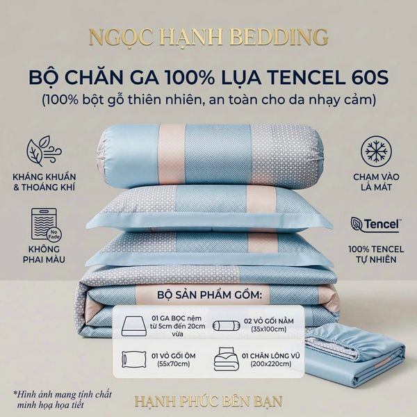  Bộ chăn ga gối LỤA TENCEL 60S mát lạnh, thoáng khí nệm 5 10 15 20cm - NGỌC HẠNH BEDDING 