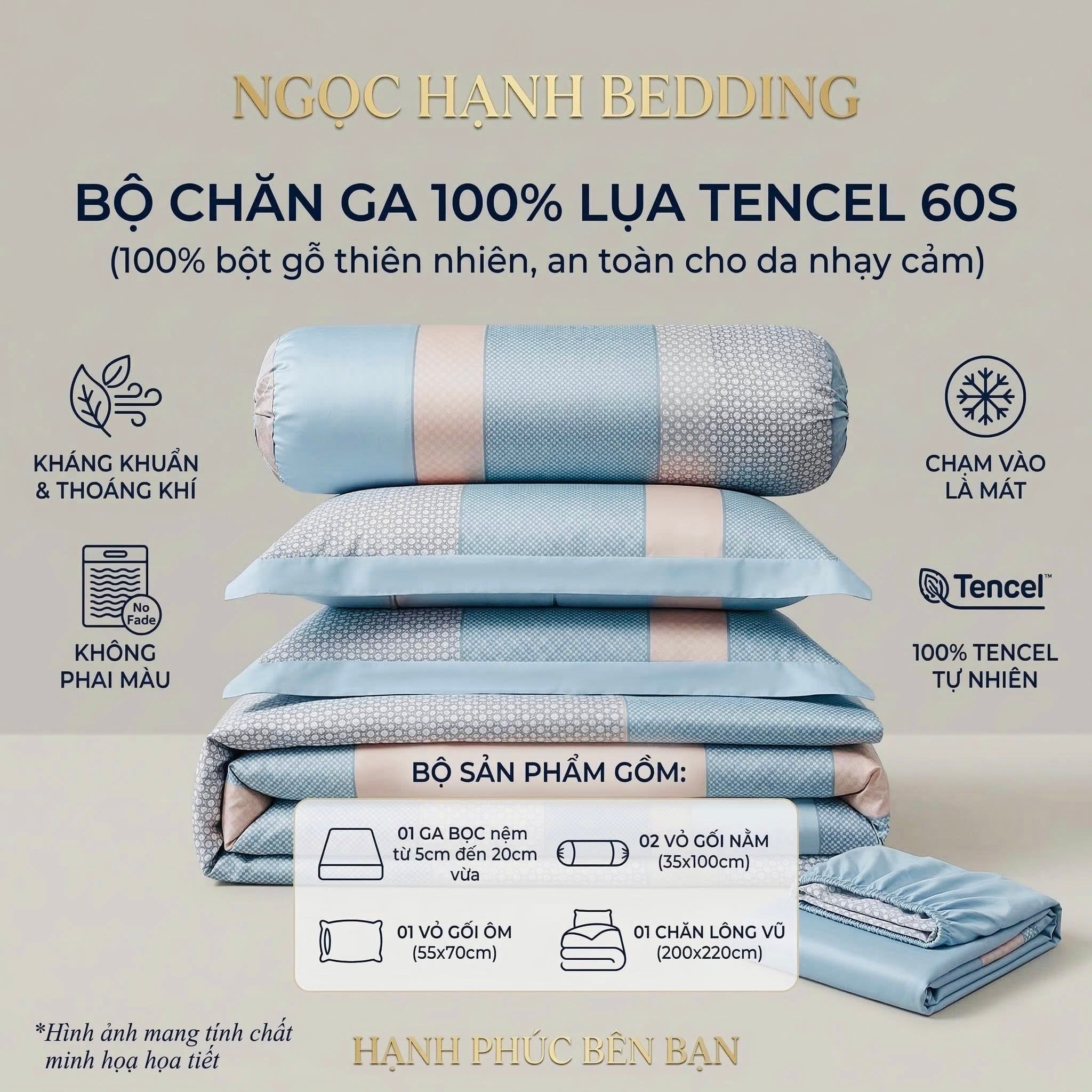  Bộ chăn ga gối LỤA TENCEL 60S mát lạnh, thoáng khí nệm 5 10 15 20cm - NGỌC HẠNH BEDDING 