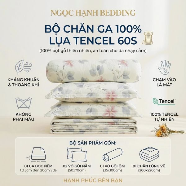  Bộ chăn ga gối LỤA TENCEL 60S mát lạnh mềm mịn, thoáng khí nệm 5 10 15 20cm - NGỌC HẠNH BEDDING 
