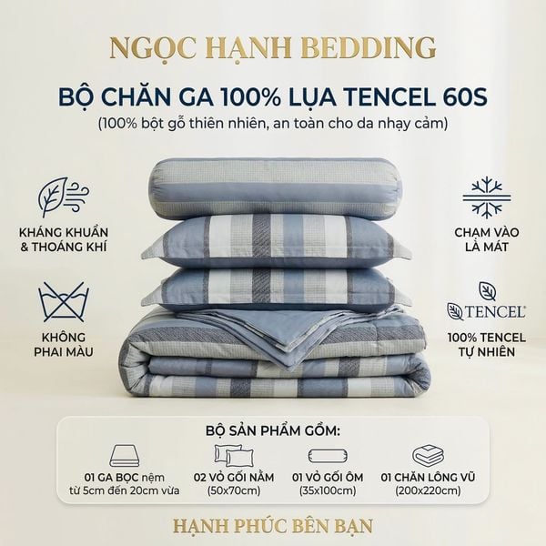  Bộ chăn ga gối LỤA TENCEL 60S mát lạnh mềm mịn, thoáng khí nệm 5 10 15 20cm - NGỌC HẠNH BEDDING 