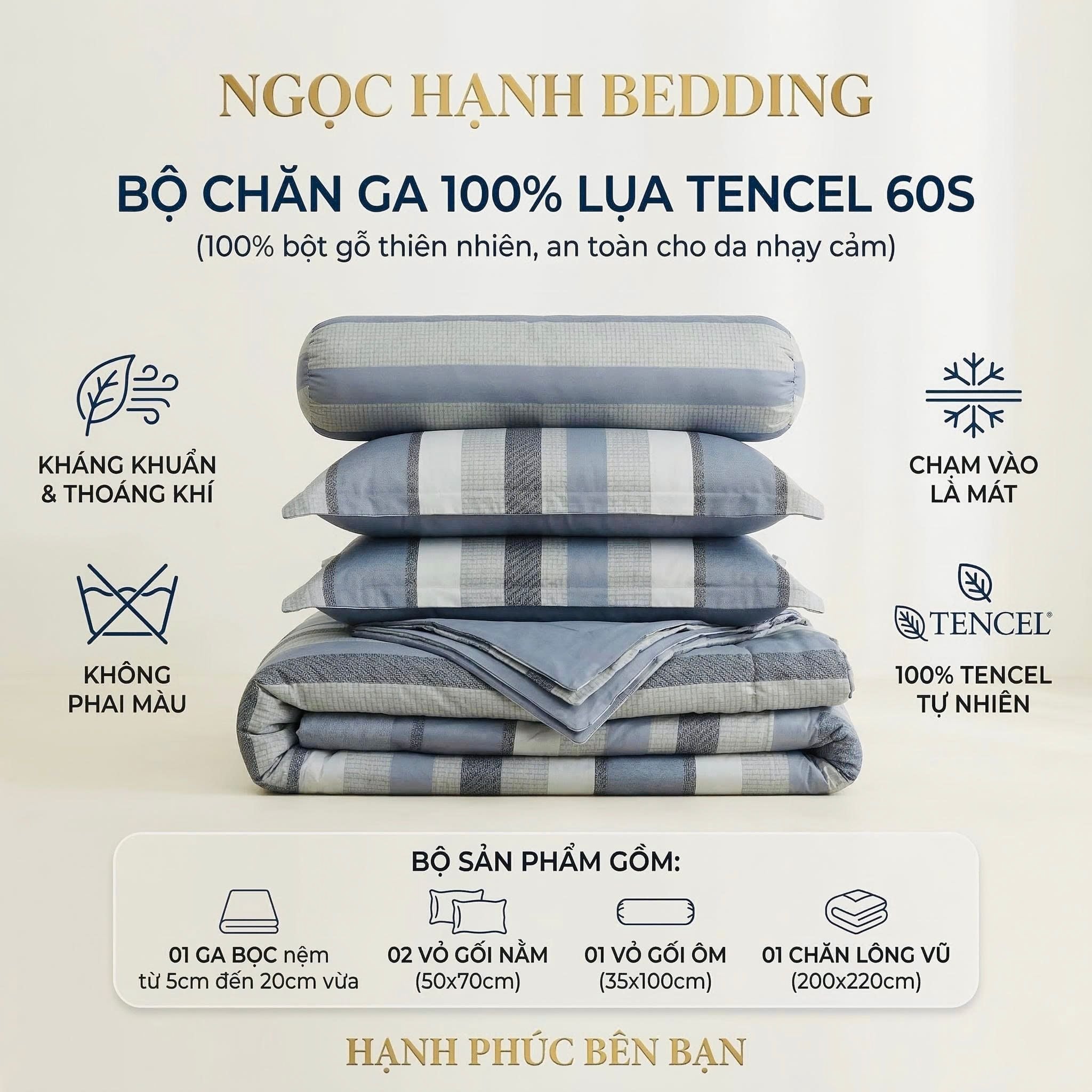  Bộ chăn ga gối LỤA TENCEL 60S mát lạnh mềm mịn, thoáng khí nệm 5 10 15 20cm - NGỌC HẠNH BEDDING 
