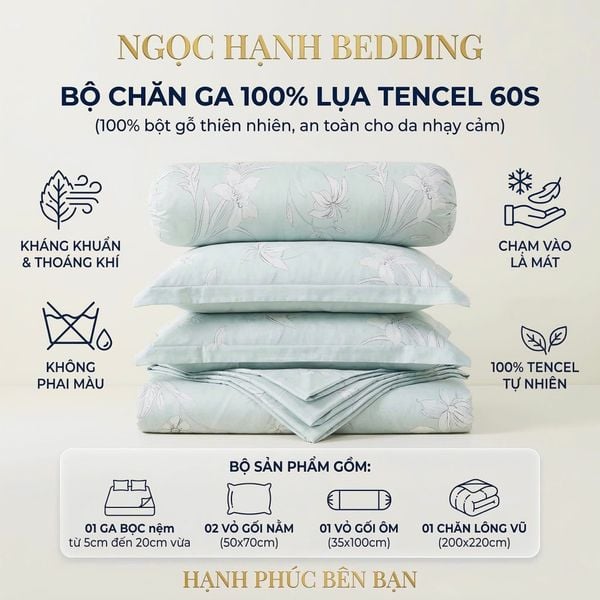  Bộ chăn ga gối LỤA TENCEL 60S mát lạnh mềm mịn, thoáng khí nệm 5 10 15 20cm - NGỌC HẠNH BEDDING 