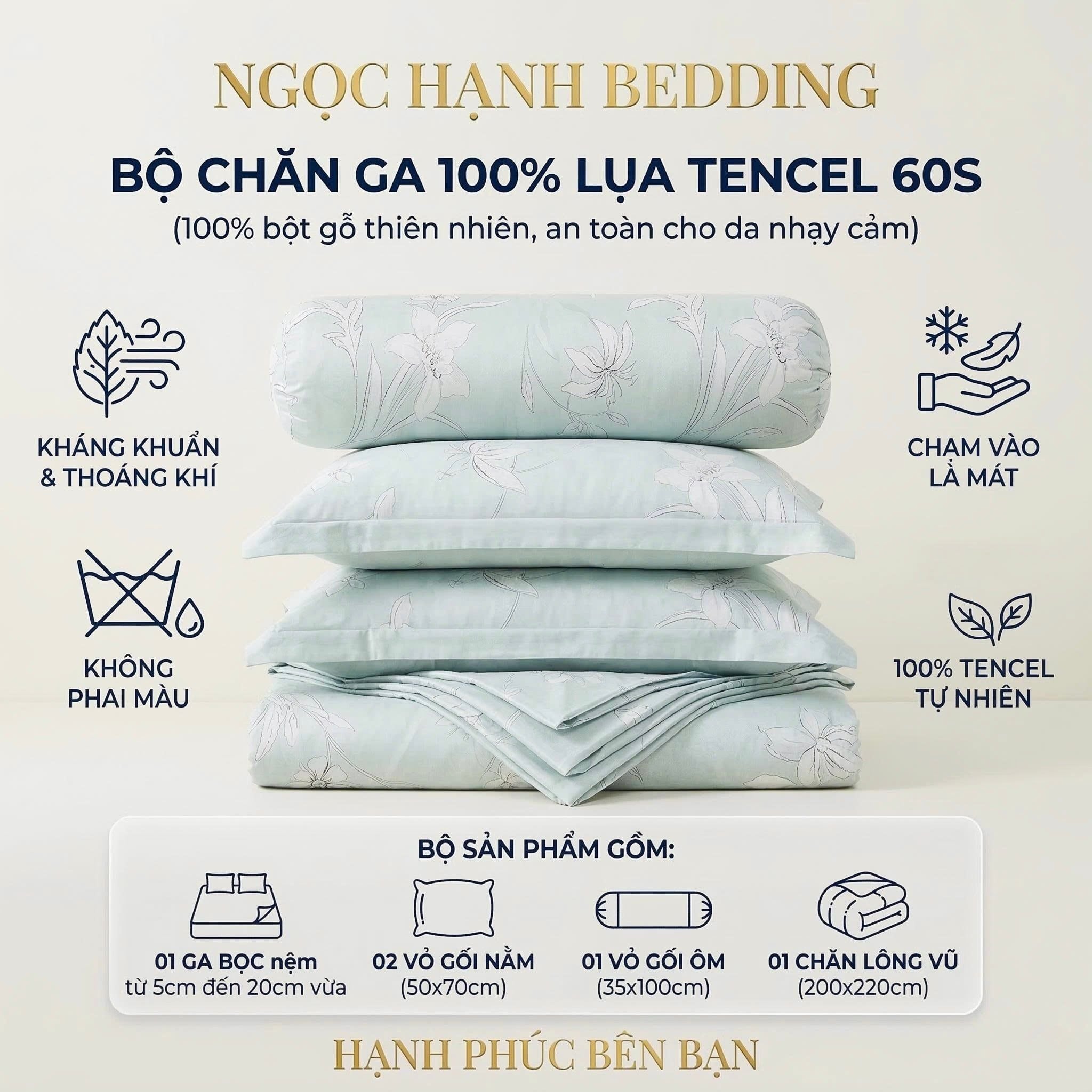  Bộ chăn ga gối LỤA TENCEL 60S mát lạnh mềm mịn, thoáng khí nệm 5 10 15 20cm - NGỌC HẠNH BEDDING 