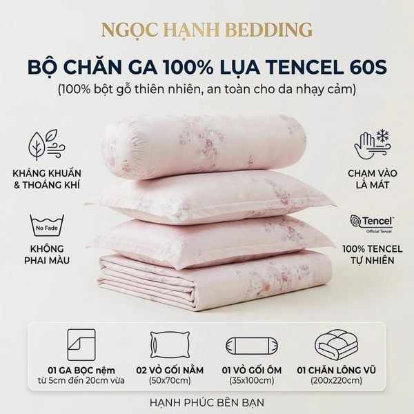  Bộ chăn ga gối LỤA TENCEL 60S mát lạnh mềm mịn, thoáng khí nệm 5 10 15 20cm - NGỌC HẠNH BEDDING 