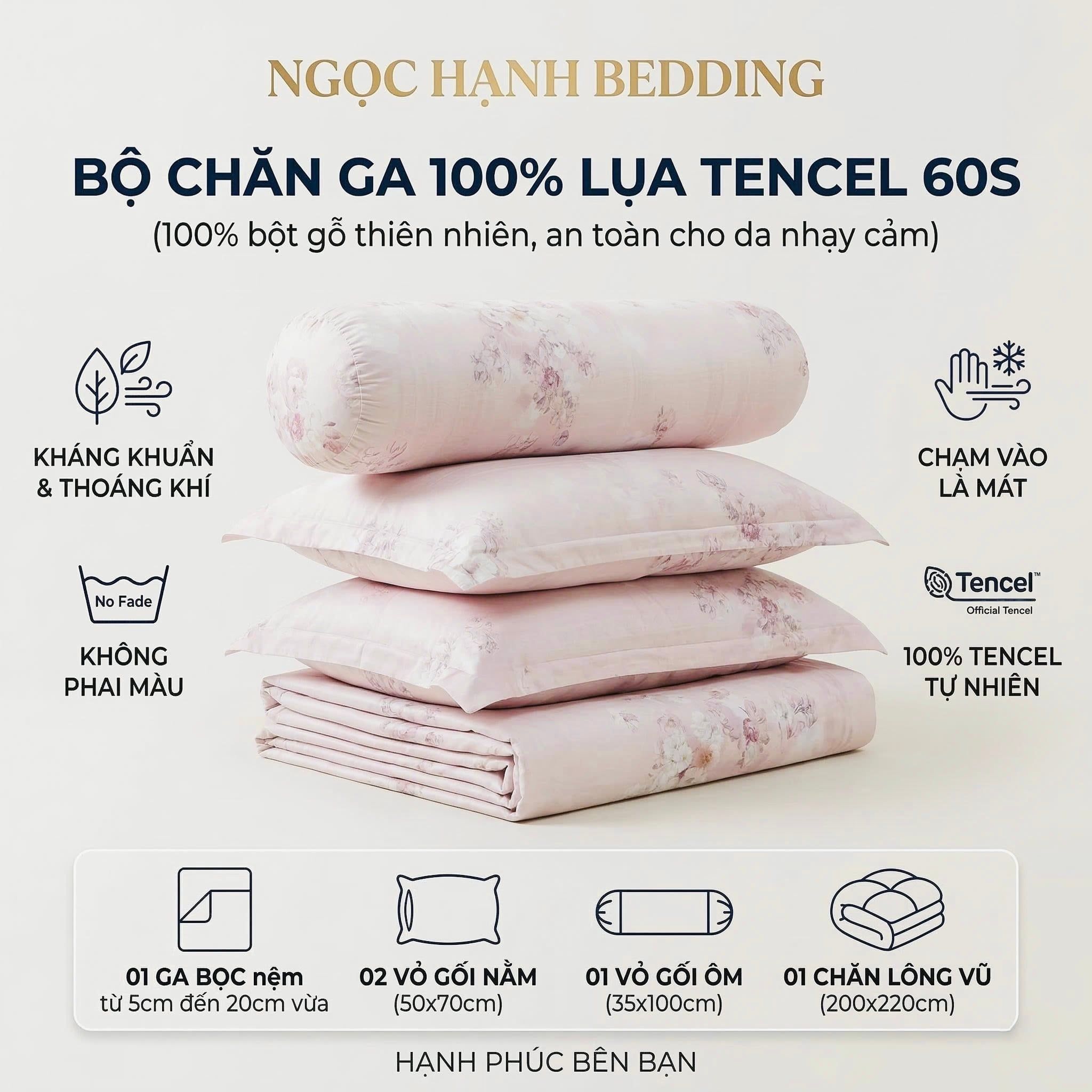  Bộ chăn ga gối LỤA TENCEL 60S mát lạnh mềm mịn, thoáng khí nệm 5 10 15 20cm - NGỌC HẠNH BEDDING 