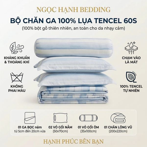  Bộ chăn ga gối LỤA TENCEL 60S mát lạnh mềm mịn, thoáng khí nệm 5 10 15 20cm - NGỌC HẠNH BEDDING 