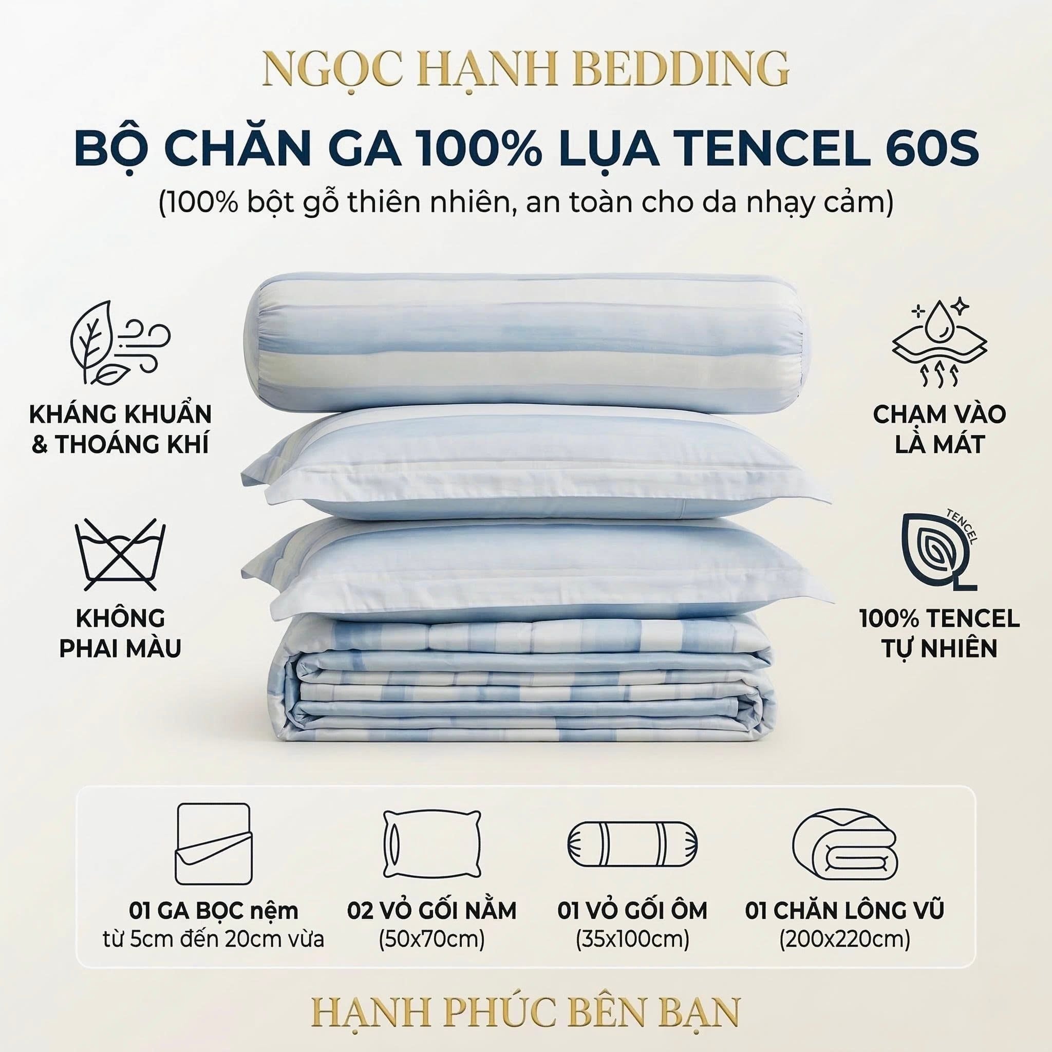  Bộ chăn ga gối LỤA TENCEL 60S mát lạnh mềm mịn, thoáng khí nệm 5 10 15 20cm - NGỌC HẠNH BEDDING 