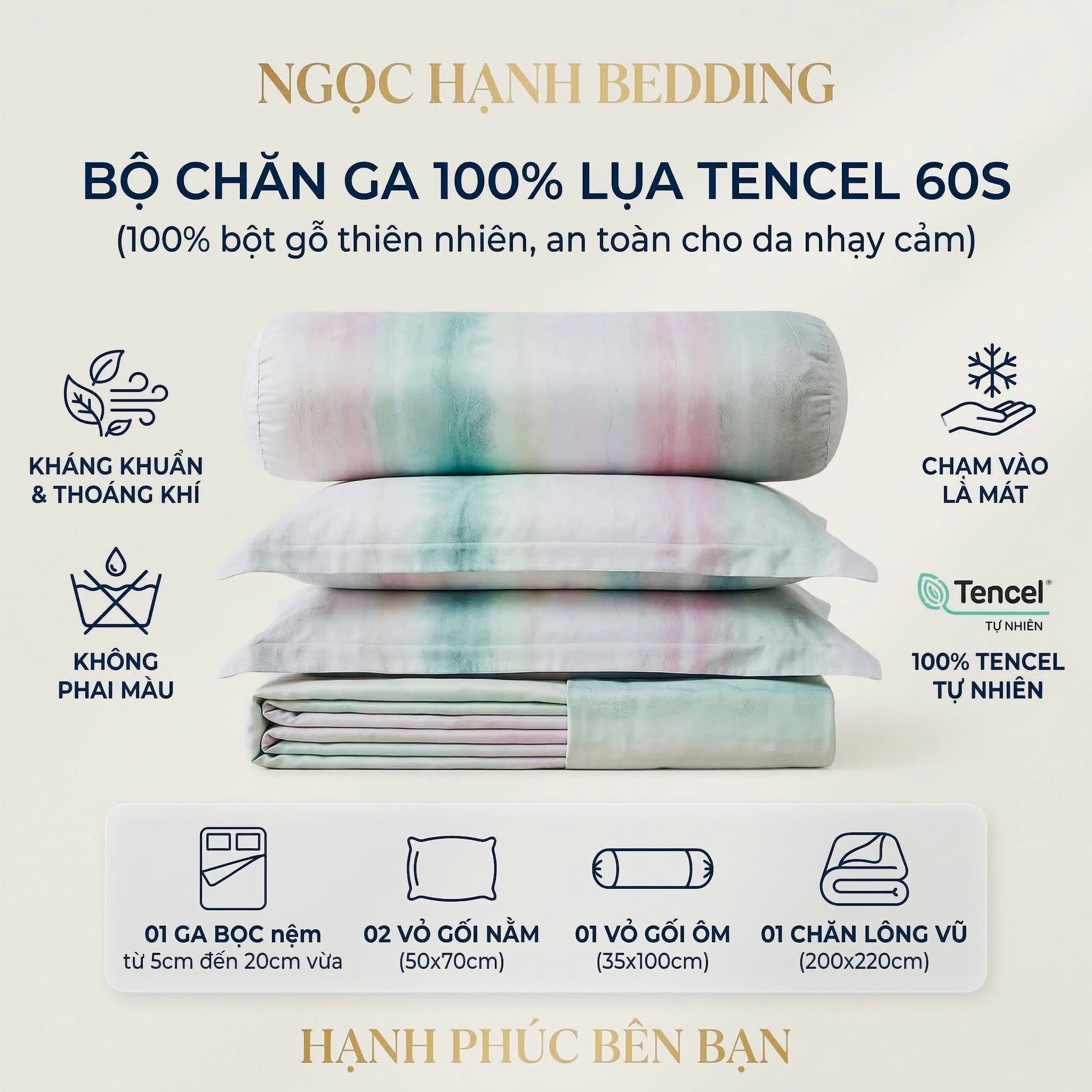  Bộ chăn ga gối LỤA TENCEL 60S mát lạnh mềm mịn, thoáng khí nệm 5 10 15 20cm - NGỌC HẠNH BEDDING 