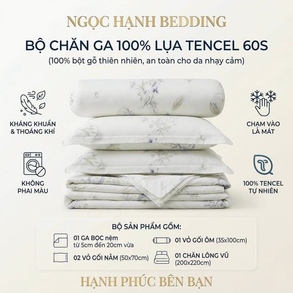  Bộ chăn ga gối LỤA TENCEL 60S mát lạnh mềm mịn, thoáng khí nệm 5 10 15 20cm - NGỌC HẠNH BEDDING 