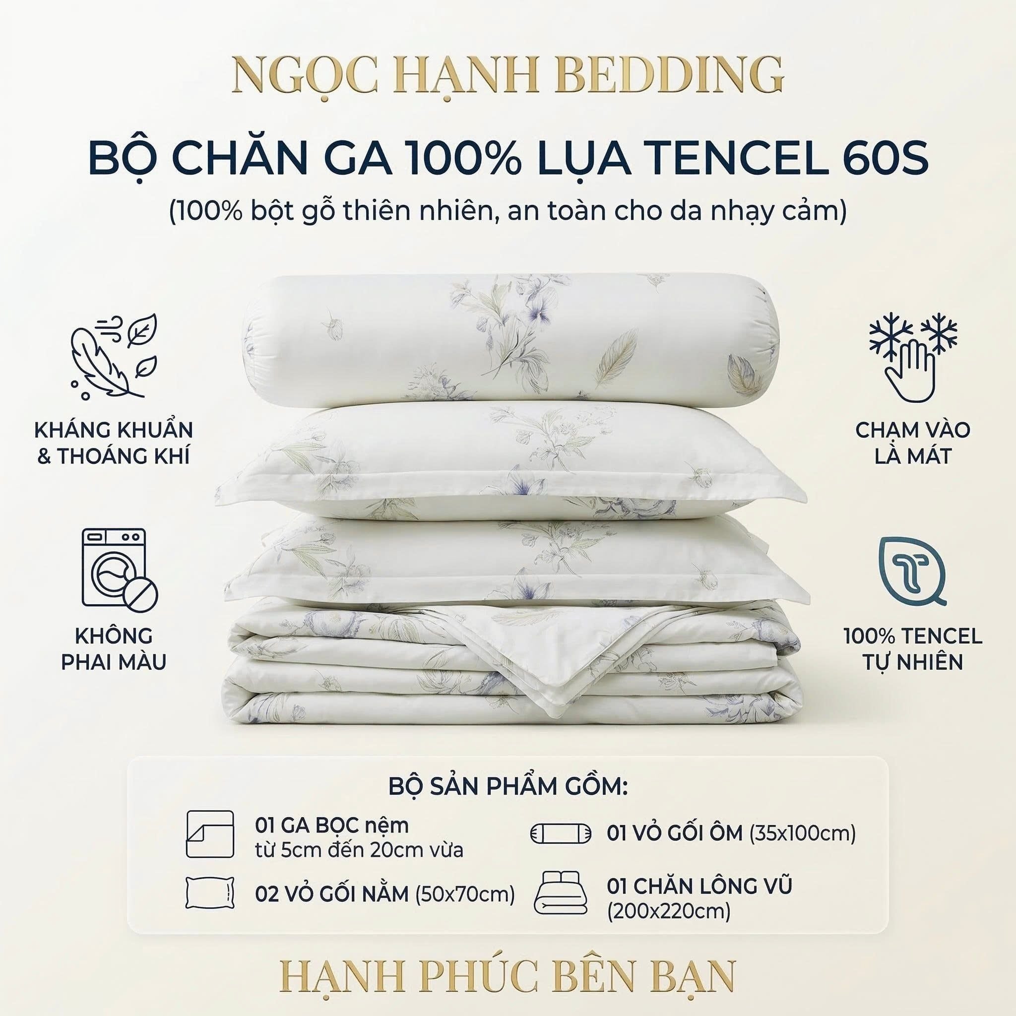  Bộ chăn ga gối LỤA TENCEL 60S mát lạnh mềm mịn, thoáng khí nệm 5 10 15 20cm - NGỌC HẠNH BEDDING 
