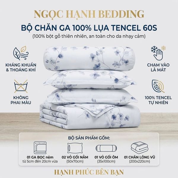  Bộ chăn ga gối LỤA TENCEL 60S mát lạnh mềm mịn, thoáng khí nệm 5 10 15 20cm - NGỌC HẠNH BEDDING 
