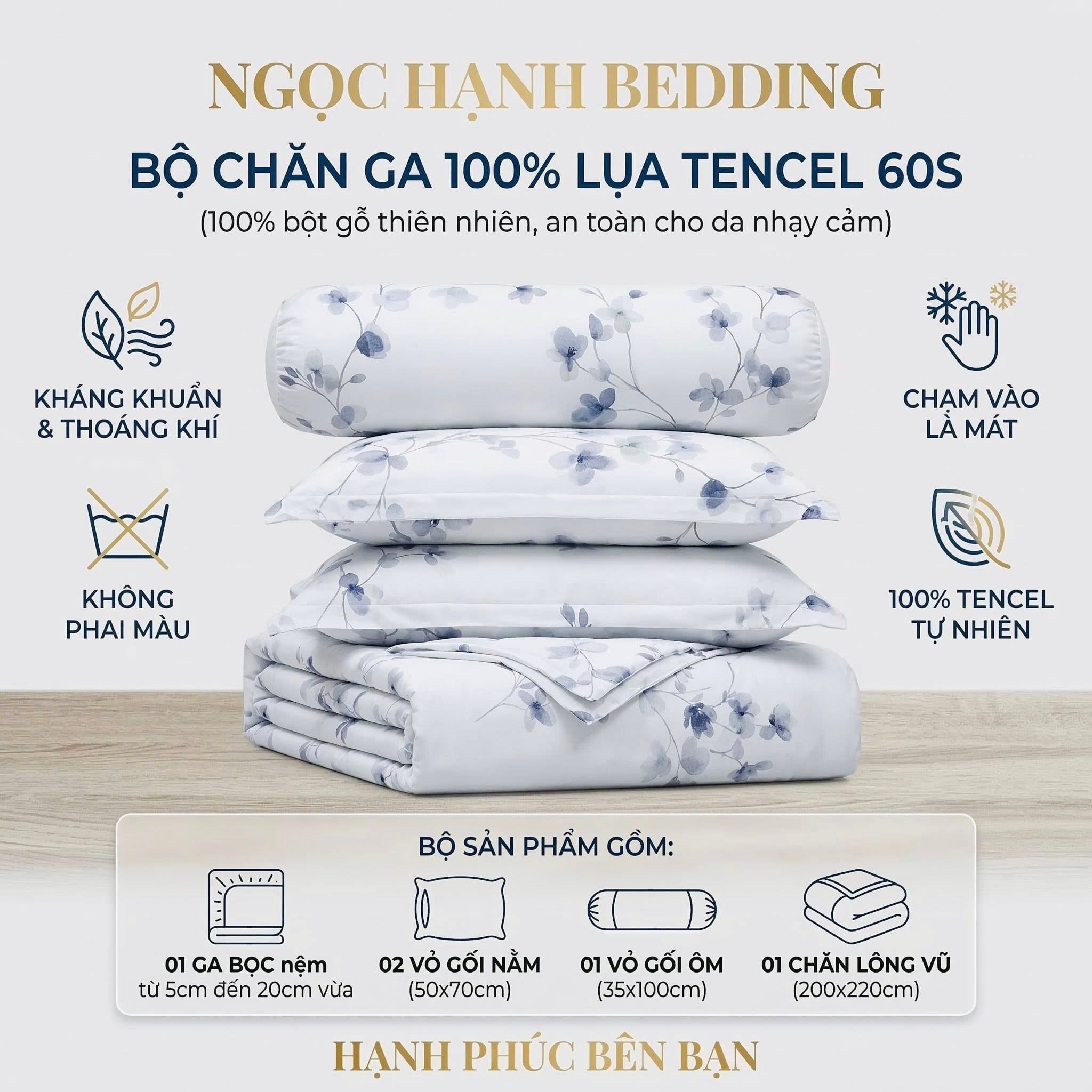  Bộ chăn ga gối LỤA TENCEL 60S mát lạnh mềm mịn, thoáng khí nệm 5 10 15 20cm - NGỌC HẠNH BEDDING 