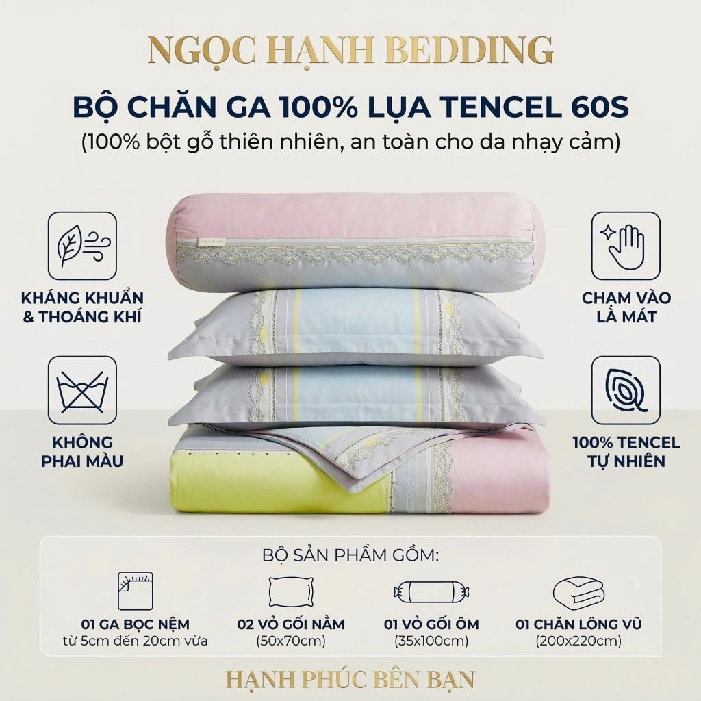  Bộ chăn ga gối LỤA TENCEL 60S mát lạnh, thoáng khí nệm 5 10 15 20cm - NGỌC HẠNH BEDDING 