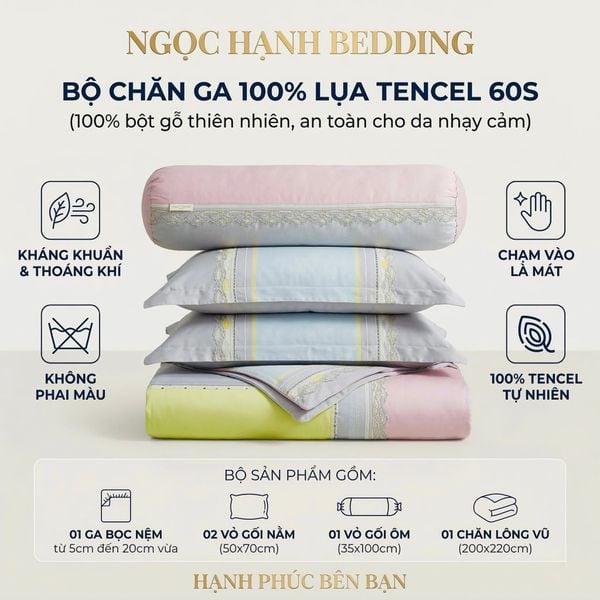  Bộ chăn ga gối LỤA TENCEL 60S mát lạnh, thoáng khí nệm 5 10 15 20cm - NGỌC HẠNH BEDDING 